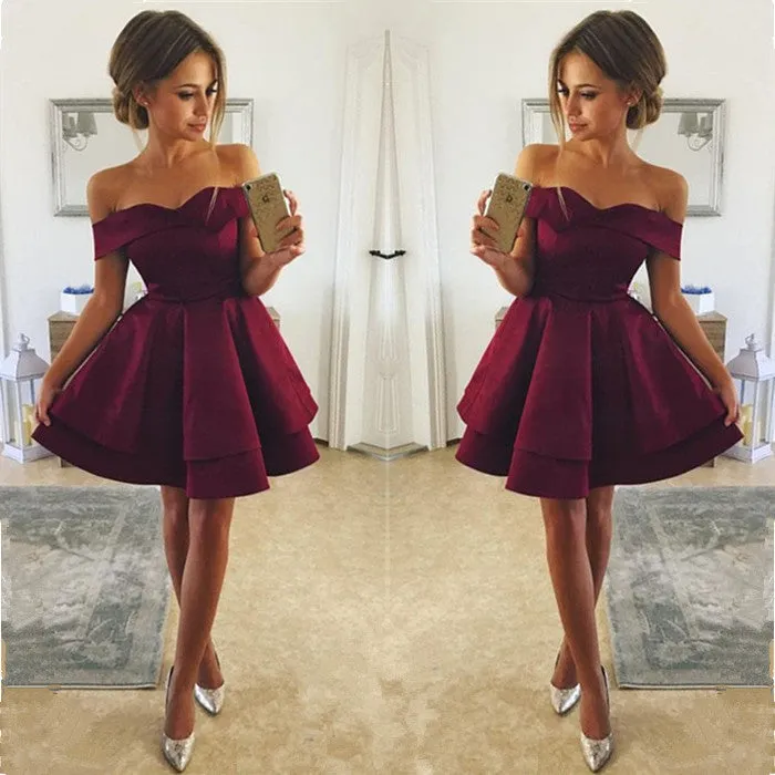 Simple Burgundy Short Homecoming Dresses Off Shoulder A-Line Hoco Dresses