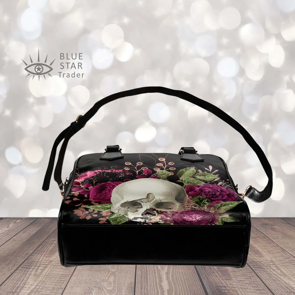Skull and Violet Flowers Goth Bowler Bag Purse