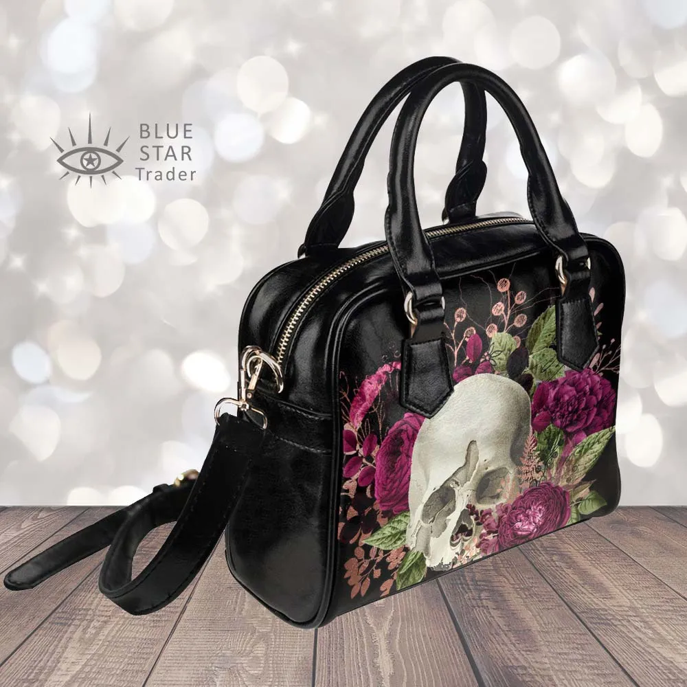 Skull and Violet Flowers Goth Bowler Bag Purse