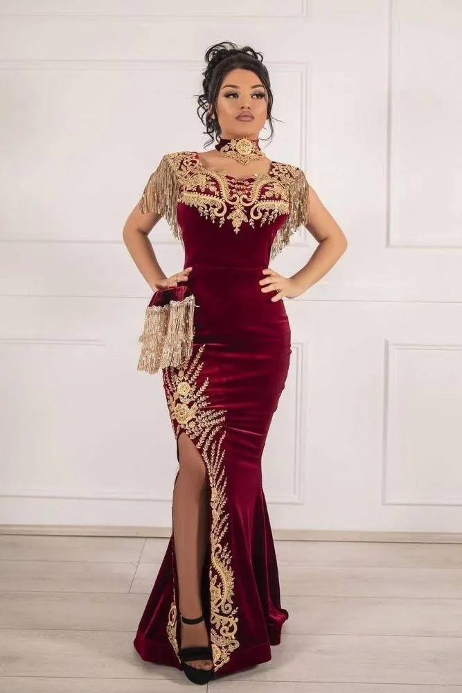 Sleeveless Velvet Burgundy Mermaid Prom Party GownsTassel Gold Appliques Evening Gown with Front Split