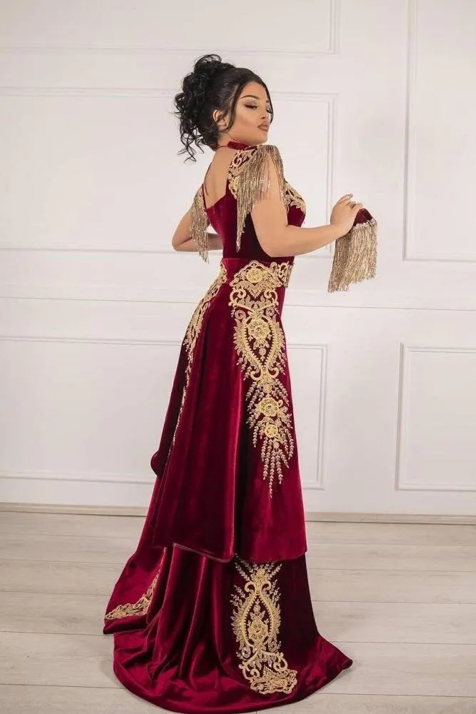 Sleeveless Velvet Burgundy Mermaid Prom Party GownsTassel Gold Appliques Evening Gown with Front Split