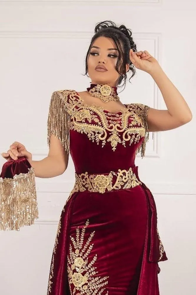 Sleeveless Velvet Burgundy Mermaid Prom Party GownsTassel Gold Appliques Evening Gown with Front Split