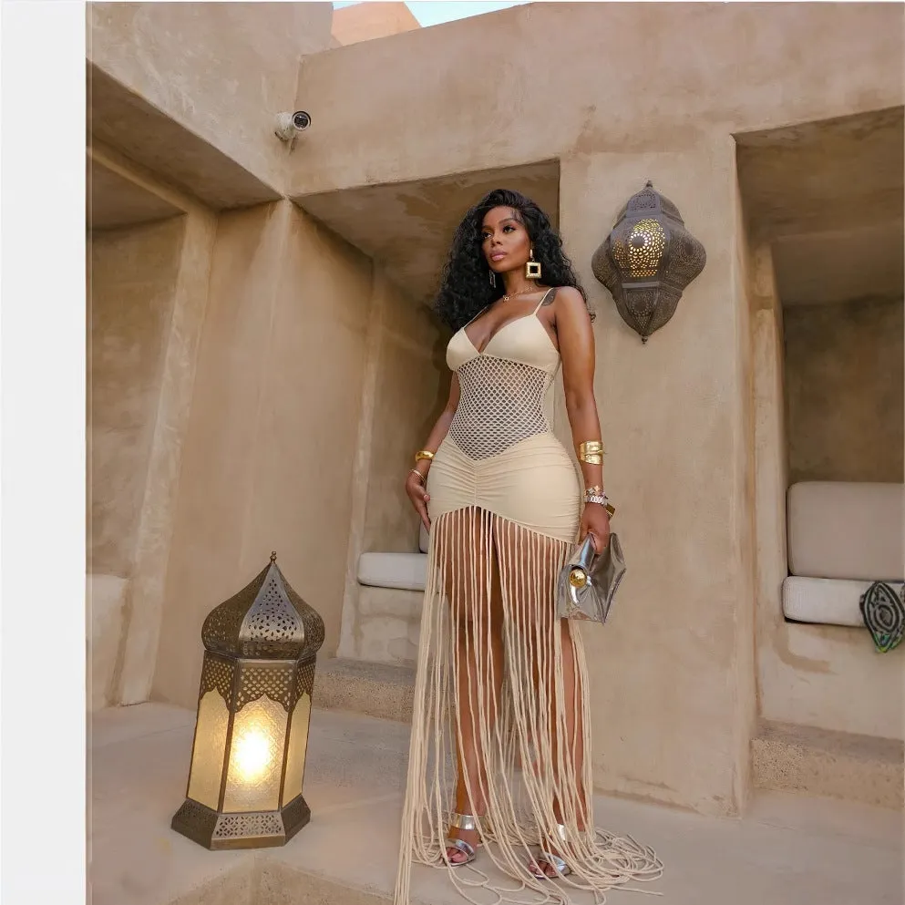 Sling mesh midriff-baring pleated butt-hugging fringed dress