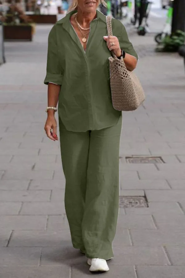 Solid Color Casual Long-sleeved Shirt and Elastic Waisted Loose Wide-leg Pants Set