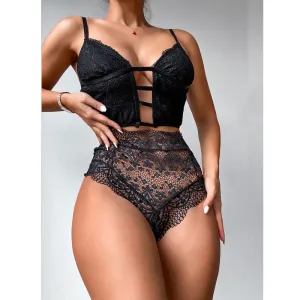 Solid Cut Out Bandage Lace 2PCS Lingerie Set