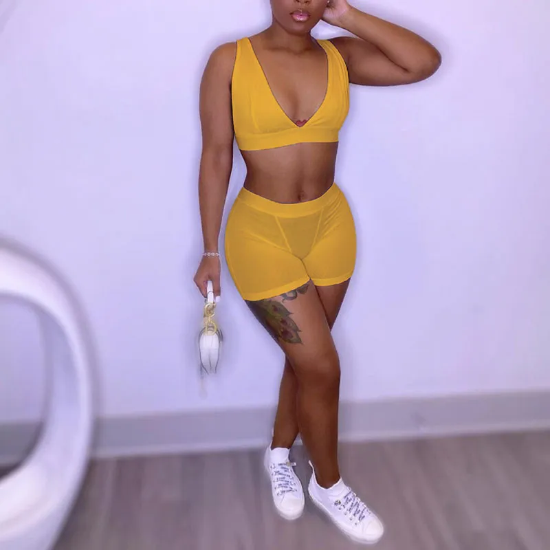 Solid Sleeveless Sports Two Piece Shorts Set