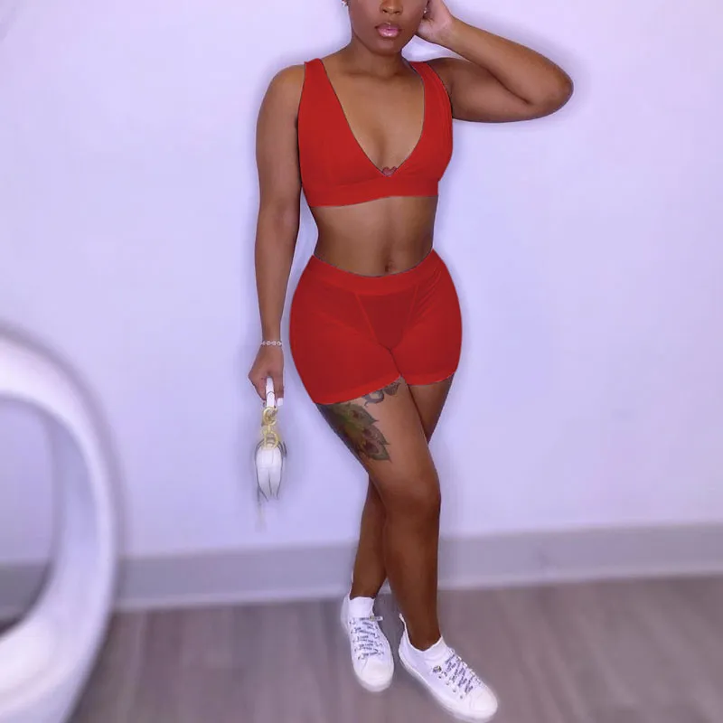Solid Sleeveless Sports Two Piece Shorts Set