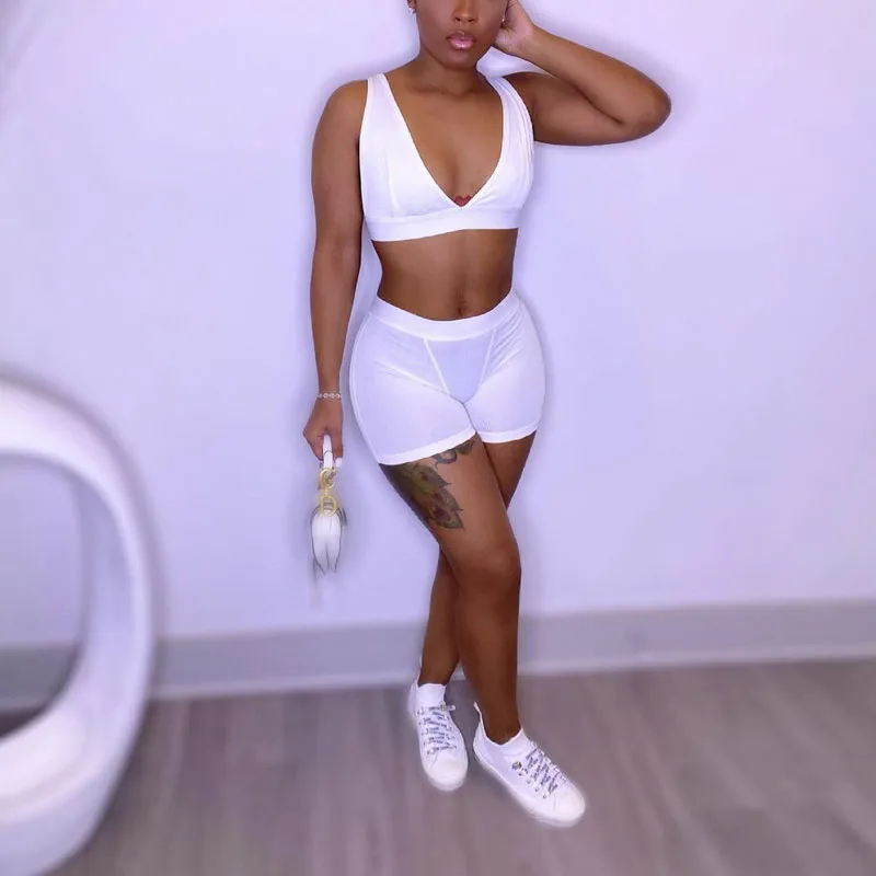 Solid Sleeveless Sports Two Piece Shorts Set
