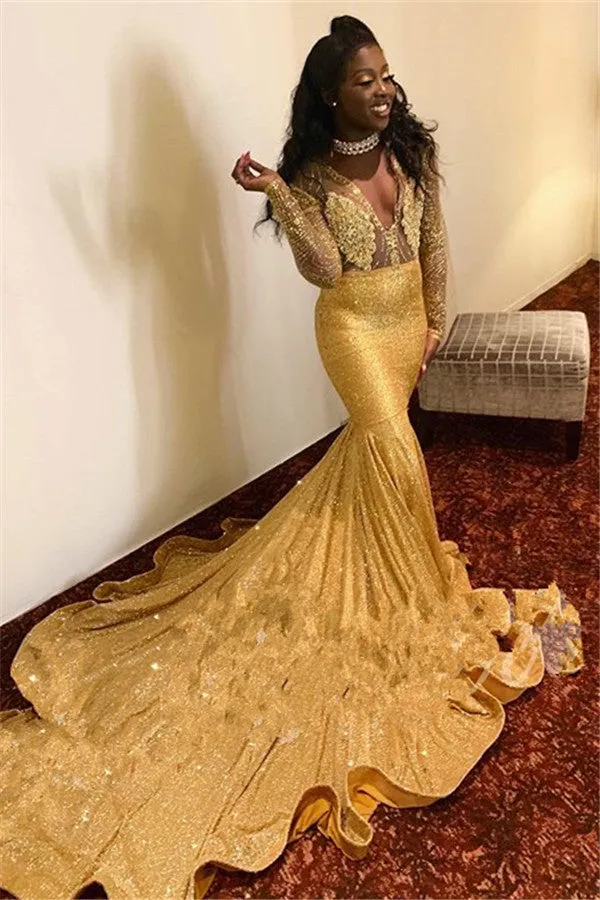Sparkling Appliques Fit and Flare Prom Dresses Alluring Chic V-neck Gold Long Sleeves Evening Gowns