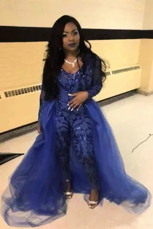 Special Style Long Sleevess Scoop Jumpsuit With Detachable Tulle Skirt Royal Blue Party Gowns