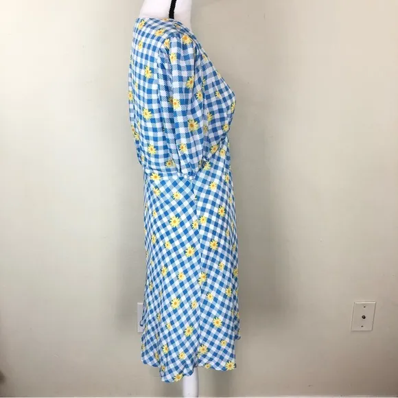 Staud Milla Mini Dress Gingham Daisy Plaid Blue White Yellow Floral Puff Sleeve
