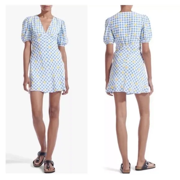 Staud Milla Mini Dress Gingham Daisy Plaid Blue White Yellow Floral Puff Sleeve