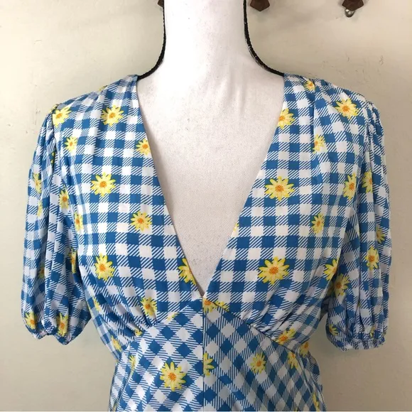 Staud Milla Mini Dress Gingham Daisy Plaid Blue White Yellow Floral Puff Sleeve