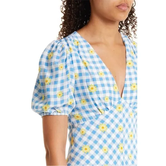 Staud Milla Mini Dress Gingham Daisy Plaid Blue White Yellow Floral Puff Sleeve