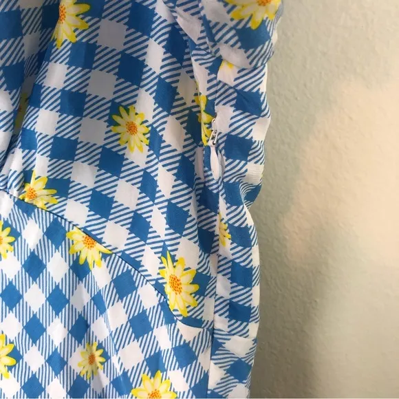 Staud Milla Mini Dress Gingham Daisy Plaid Blue White Yellow Floral Puff Sleeve