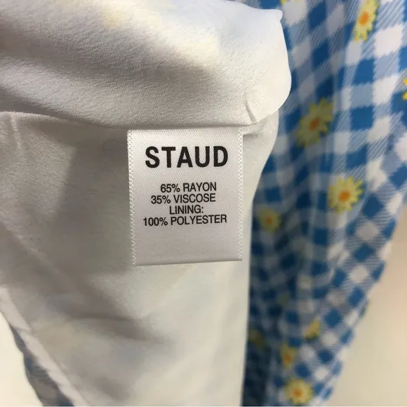 Staud Milla Mini Dress Gingham Daisy Plaid Blue White Yellow Floral Puff Sleeve