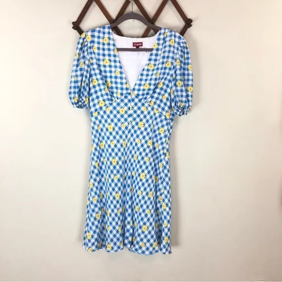 Staud Milla Mini Dress Gingham Daisy Plaid Blue White Yellow Floral Puff Sleeve