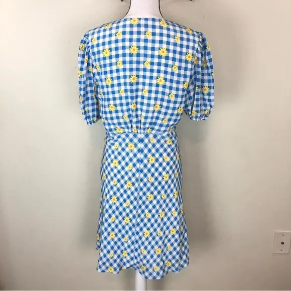 Staud Milla Mini Dress Gingham Daisy Plaid Blue White Yellow Floral Puff Sleeve