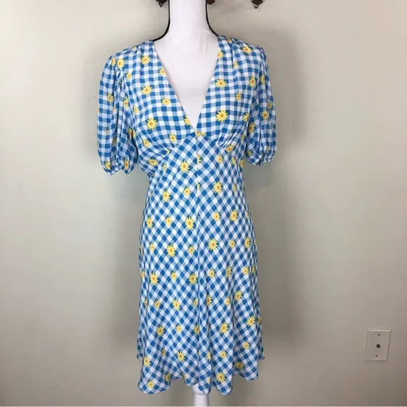 Staud Milla Mini Dress Gingham Daisy Plaid Blue White Yellow Floral Puff Sleeve