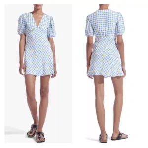 Staud Milla Mini Dress Gingham Daisy Plaid Blue White Yellow Floral Puff Sleeve