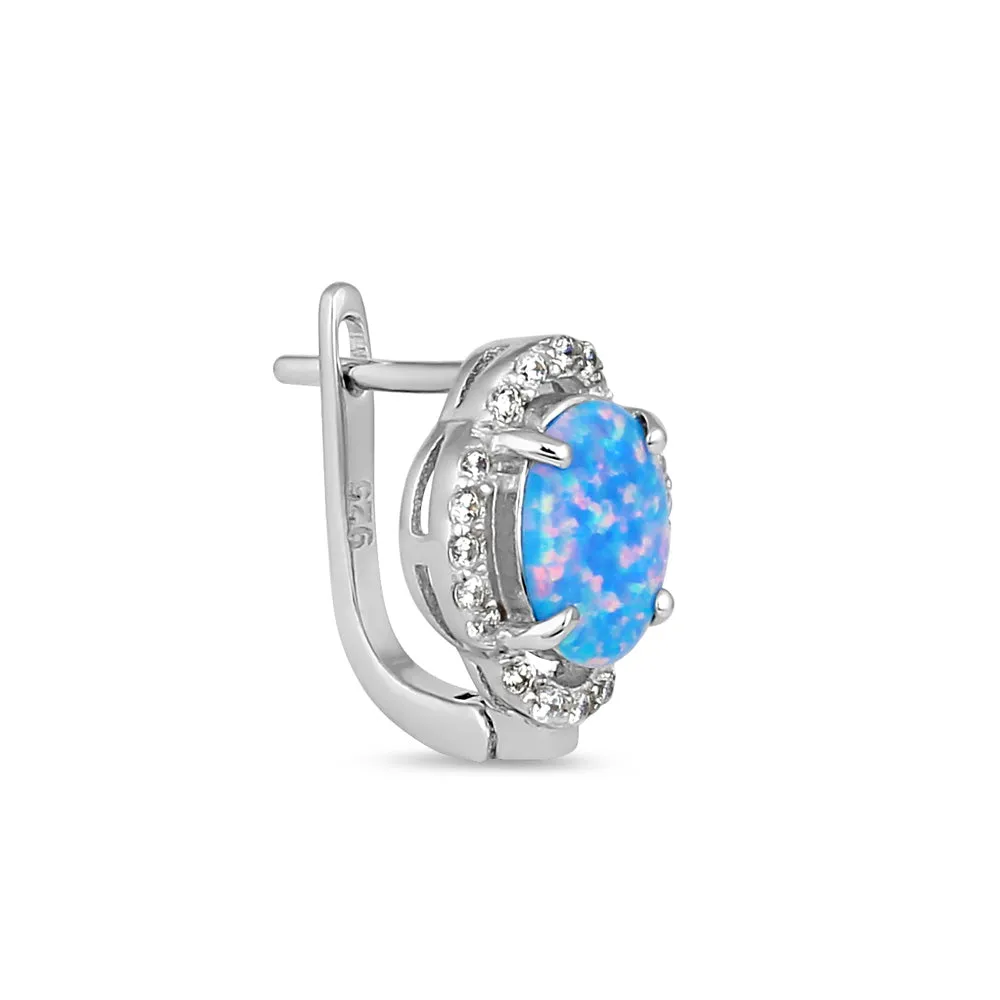 Sterling Silver Elegant Blue Lavender Lab Opal Oval CZ Halo Earrings