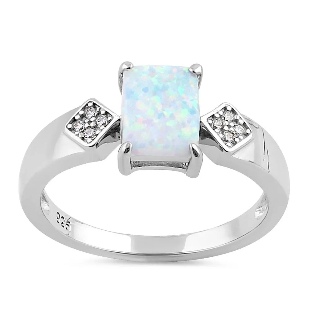 Sterling Silver Elegant White Lab Opal Rectangle CZ Ring