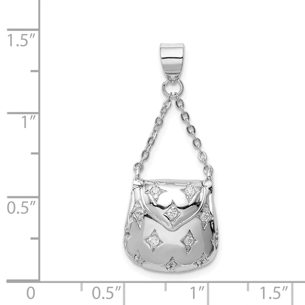 Sterling Silver Rhodium-plated CZ Handbag Pendant