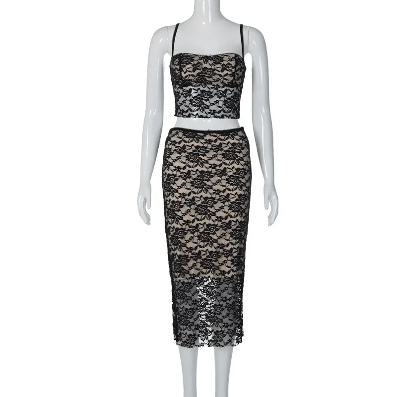 Summer European and American New Sexy Stitching Lace Small Sling Middle Group Women's Clothing Sheath Inner Village Suit Amazon Wholesale