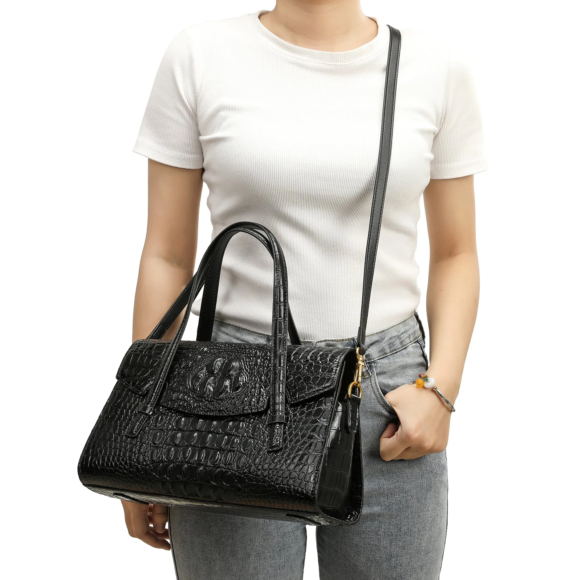 Tiffany & Fred Alligator Embossed Leather Satchel/Shoulder Bag