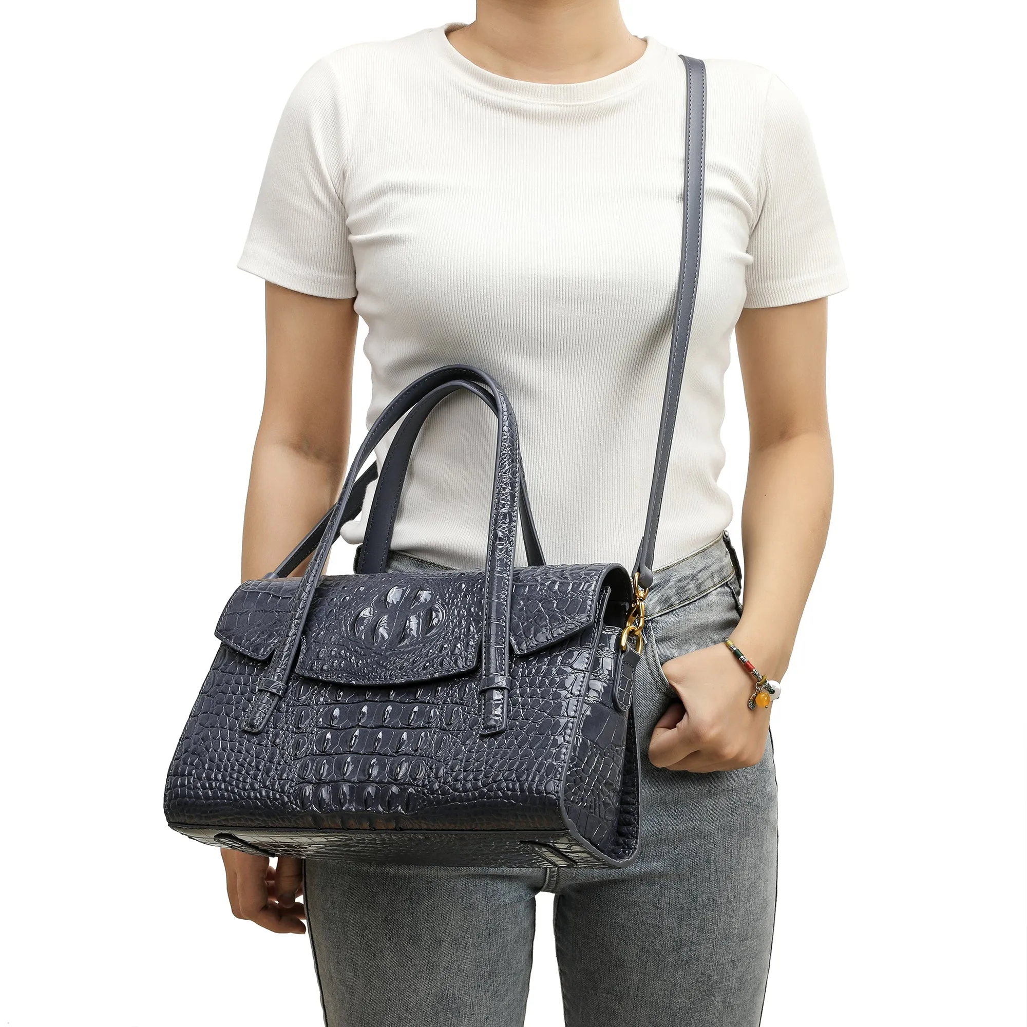 Tiffany & Fred Alligator Embossed Leather Satchel/Shoulder Bag