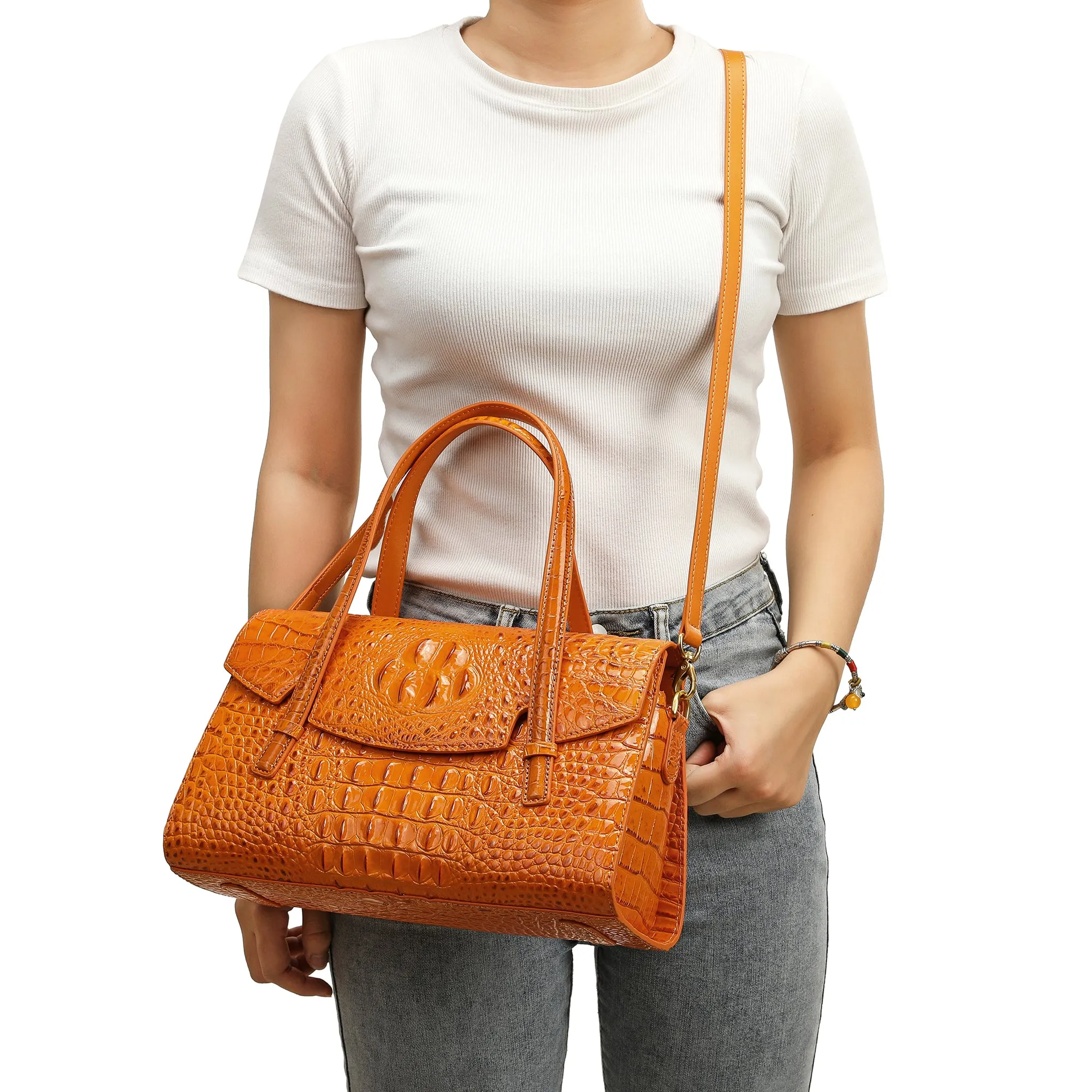Tiffany & Fred Alligator Embossed Leather Satchel/Shoulder Bag