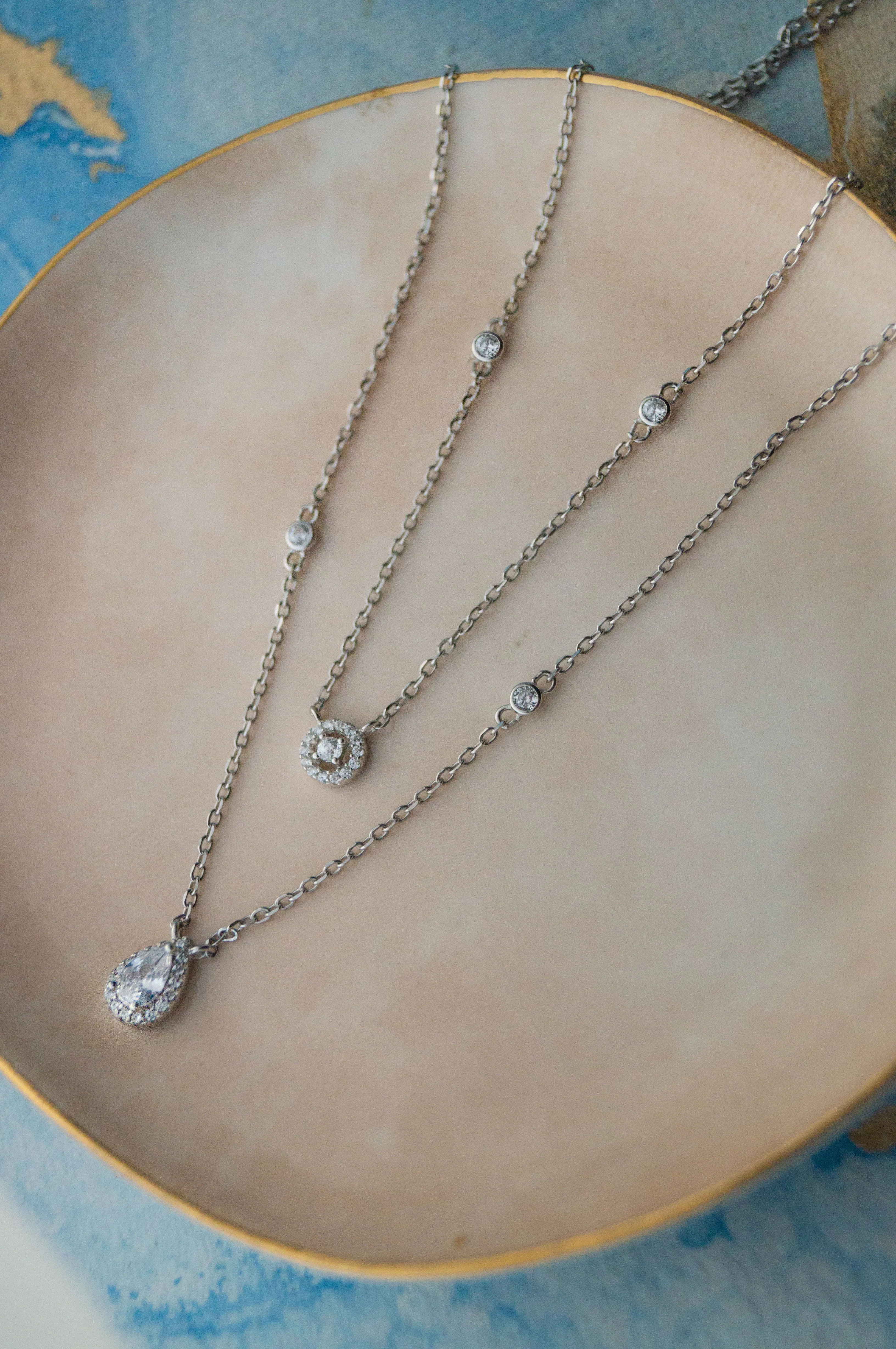 Trendy Dual Layered Solitaire Sterling Silver Chain Necklace