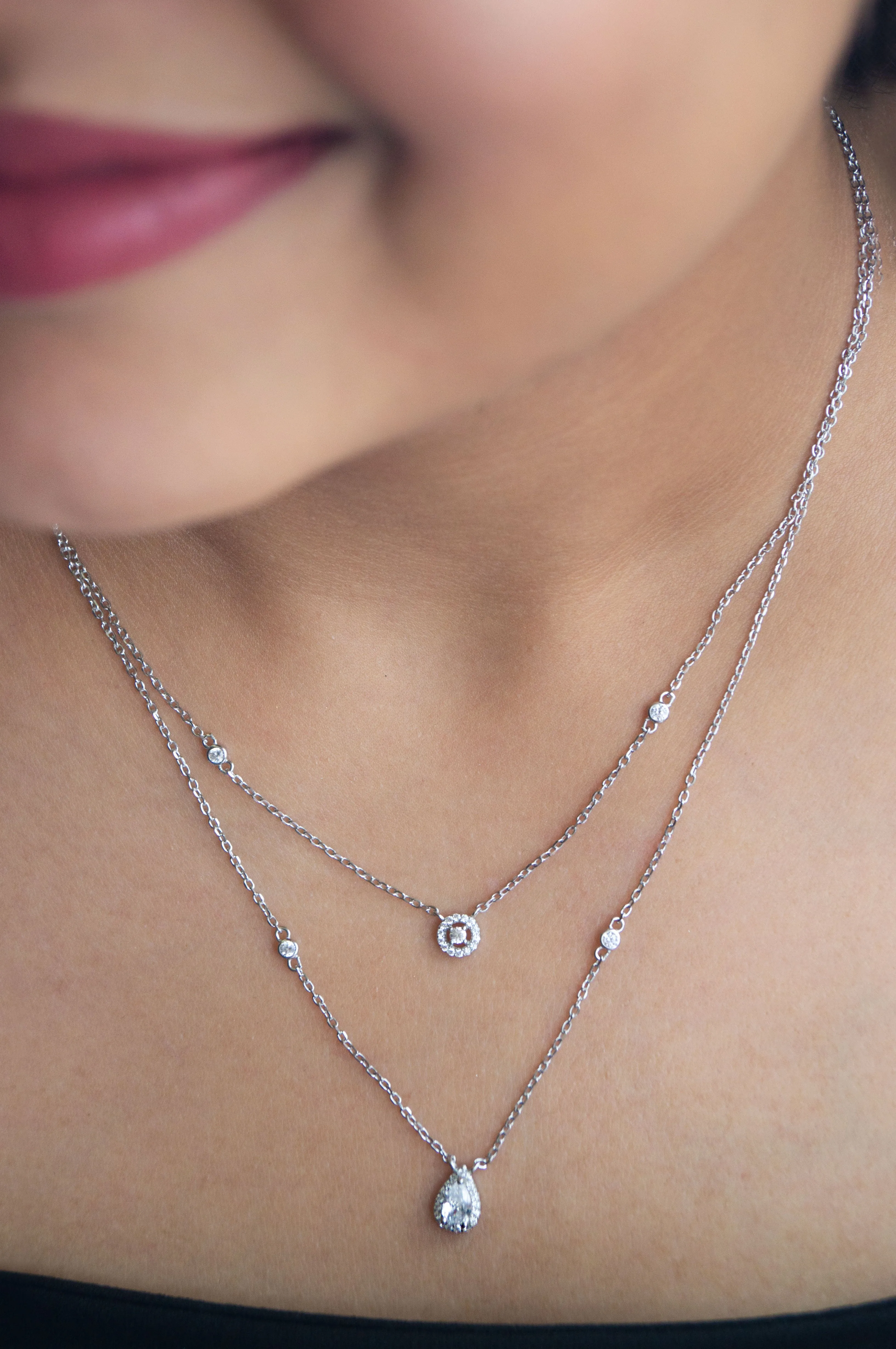 Trendy Dual Layered Solitaire Sterling Silver Chain Necklace