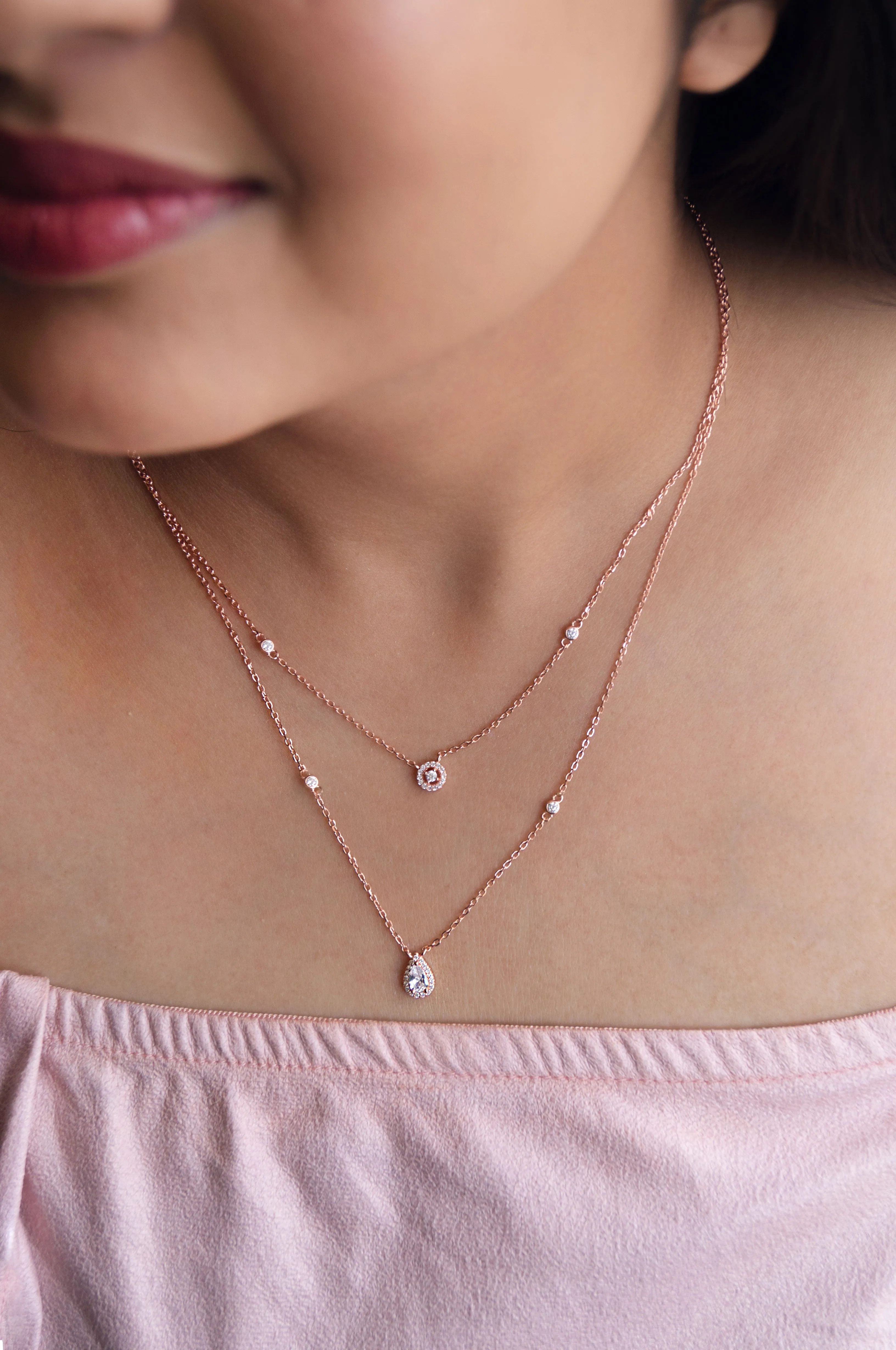 Trendy Dual Layered Solitaire Sterling Silver Chain Necklace
