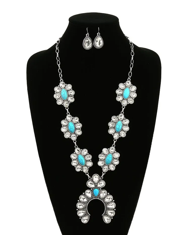 Trendy Turquoise & AB Bling Squash Blossom necklace and earring set