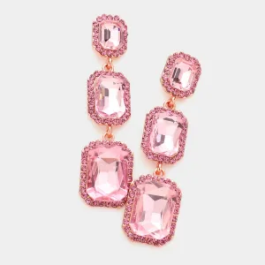 Triple Emerald Cut Pink Stone Link Pageant Earrings | Prom Earrings | 572916