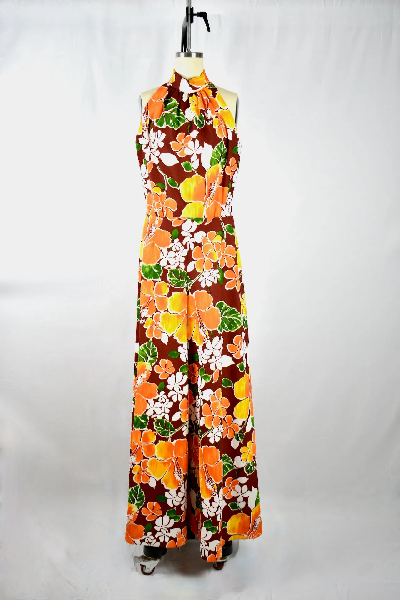 Vintage 1960s Orange/Brown Floral  Halter Jumpsuit