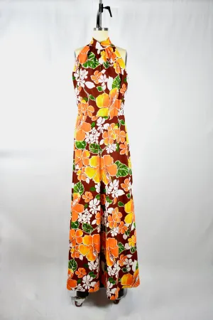 Vintage 1960s Orange/Brown Floral  Halter Jumpsuit
