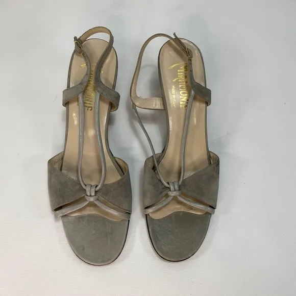 Vintage 70s Women Miramonte Gray Suede Leather 8.5N Italy Block Heel Sling Back