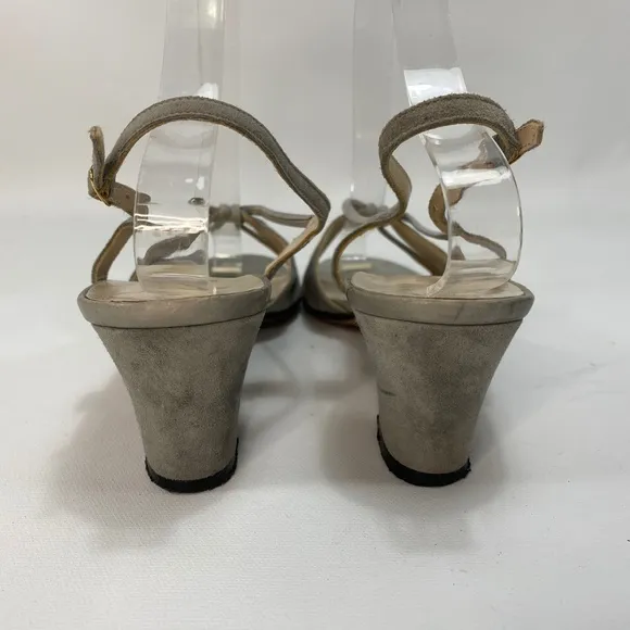Vintage 70s Women Miramonte Gray Suede Leather 8.5N Italy Block Heel Sling Back