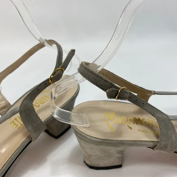Vintage 70s Women Miramonte Gray Suede Leather 8.5N Italy Block Heel Sling Back