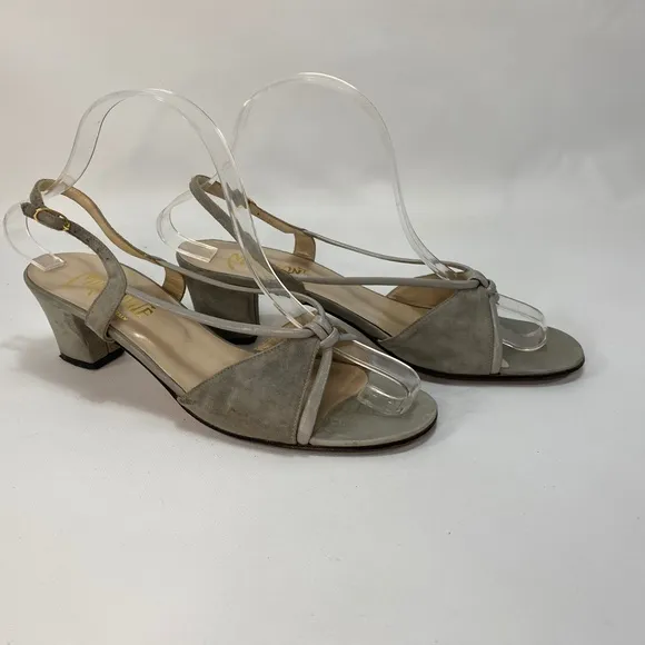 Vintage 70s Women Miramonte Gray Suede Leather 8.5N Italy Block Heel Sling Back