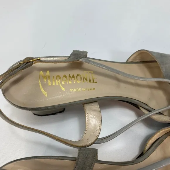 Vintage 70s Women Miramonte Gray Suede Leather 8.5N Italy Block Heel Sling Back