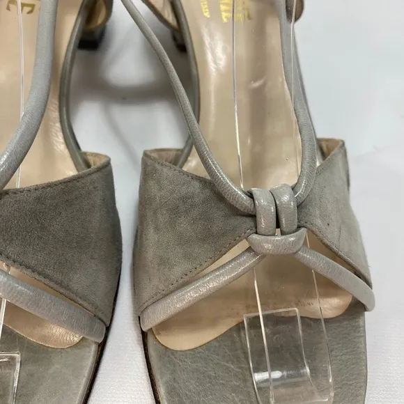 Vintage 70s Women Miramonte Gray Suede Leather 8.5N Italy Block Heel Sling Back