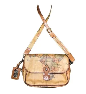 Vintage Alviero Martini  Prima Classe messenger type classic shoulder bag with a map print of Africa and Southeast Asia. Unisex use.
