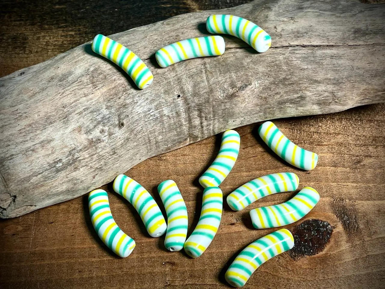 Vintage Japanese Glass—Green, Yellow, & White Macaroni Glass Bead—30mm x 8mm