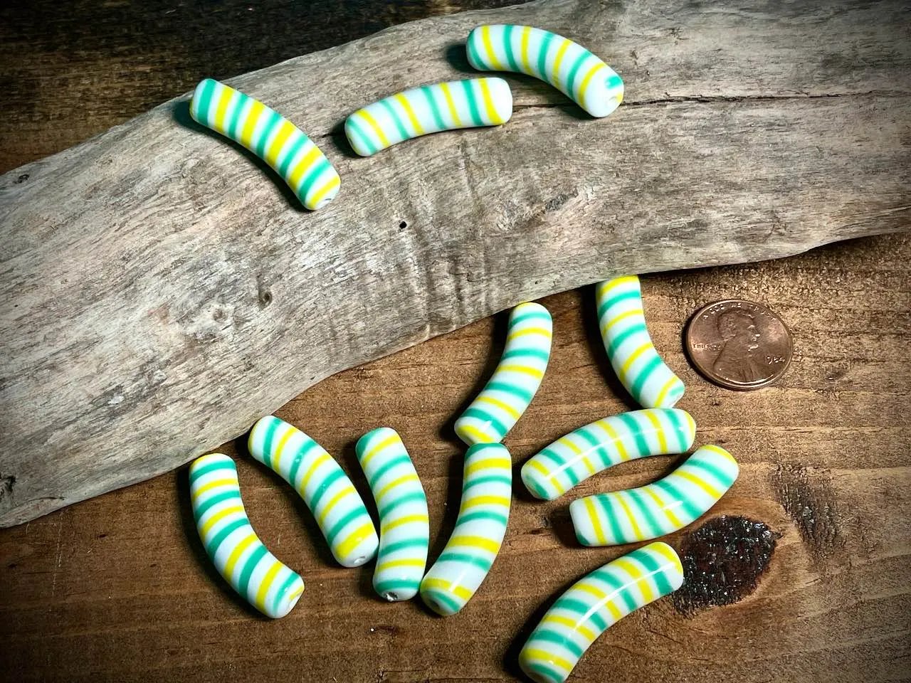 Vintage Japanese Glass—Green, Yellow, & White Macaroni Glass Bead—30mm x 8mm