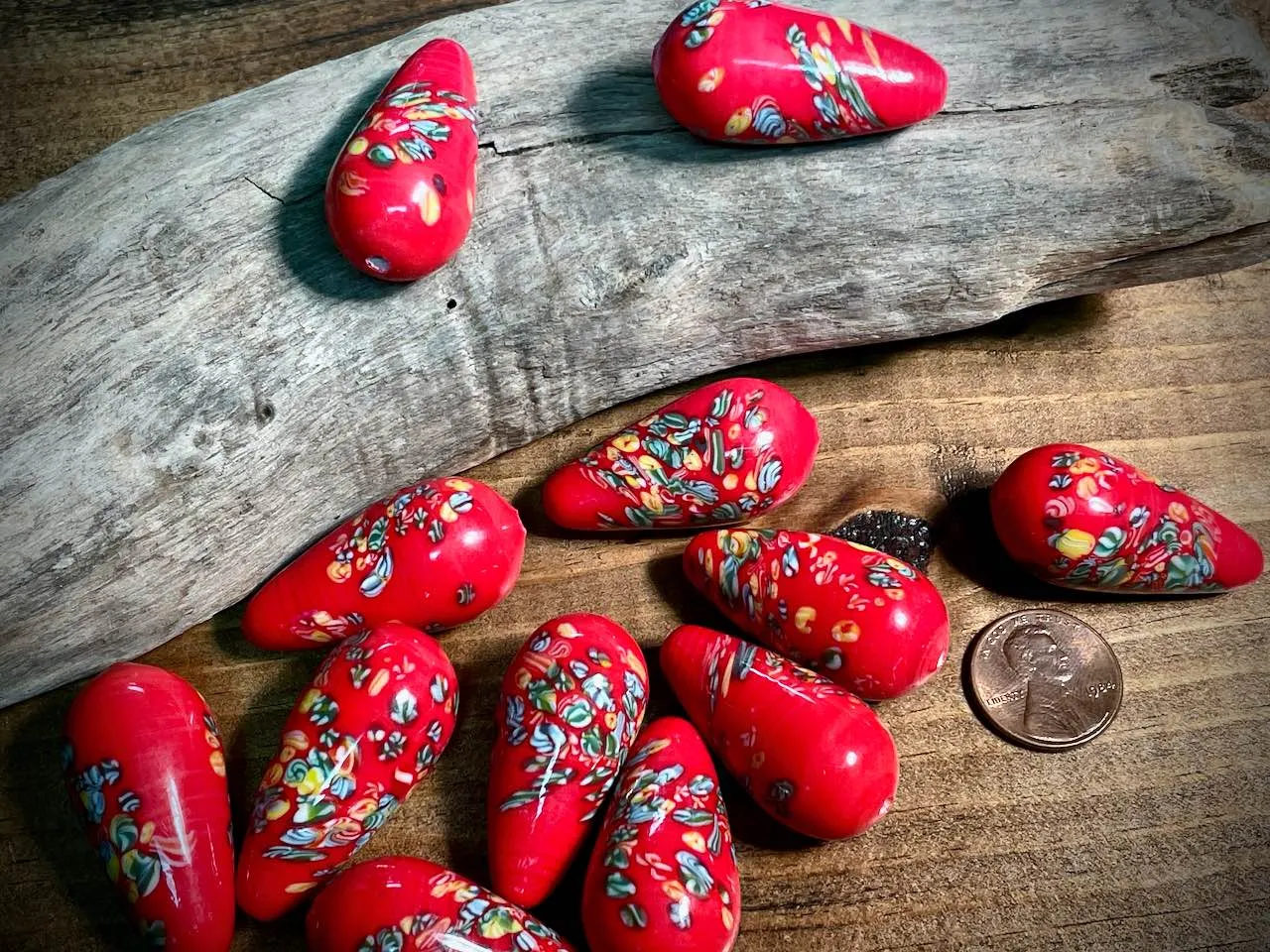 Vintage Japanese Glass—Red Pear Glass Bead—36mm x 18mm