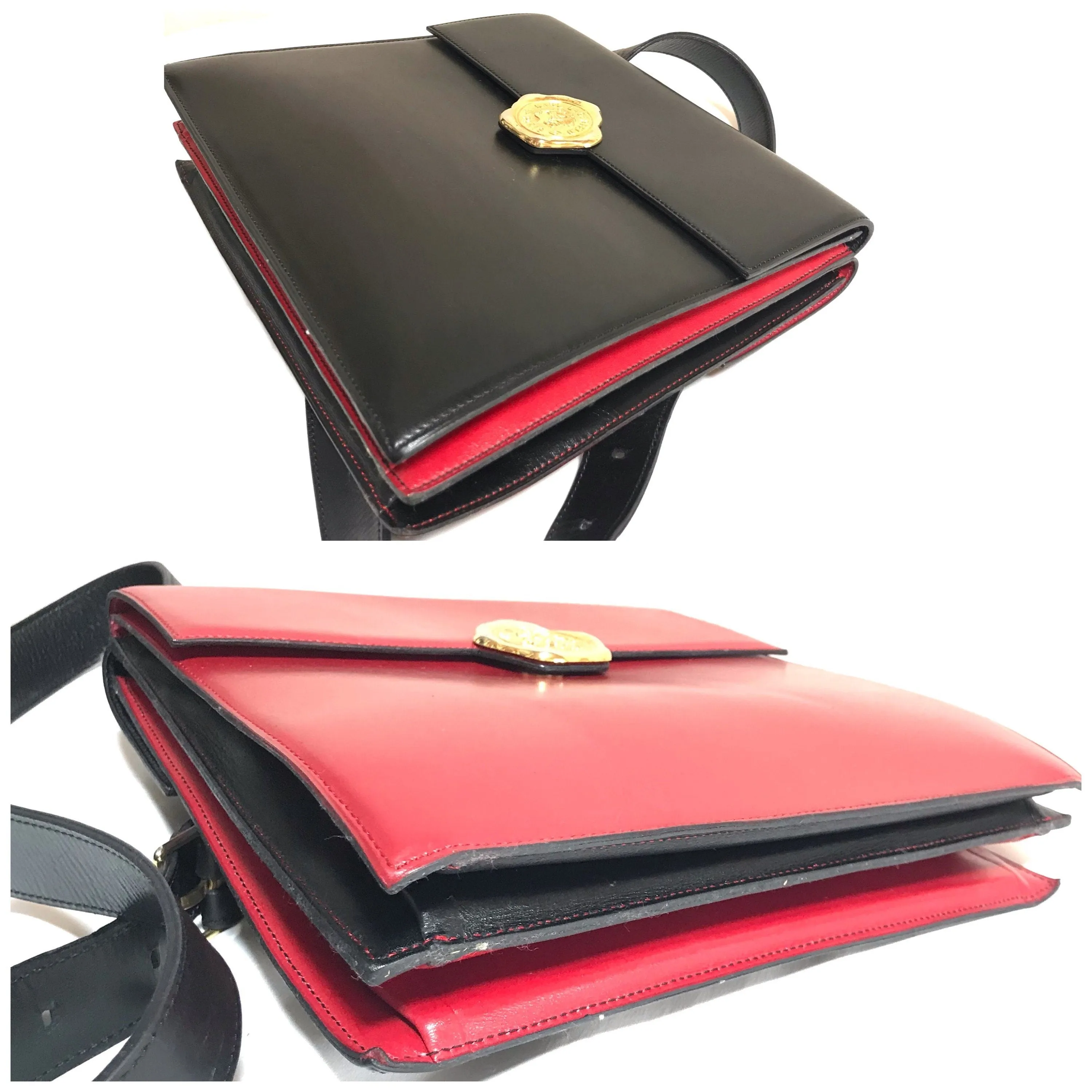 Vintage Karl Lagerfeld red and black double face shoulder bag with golden logo motifs. Rare unique bag. Must have.