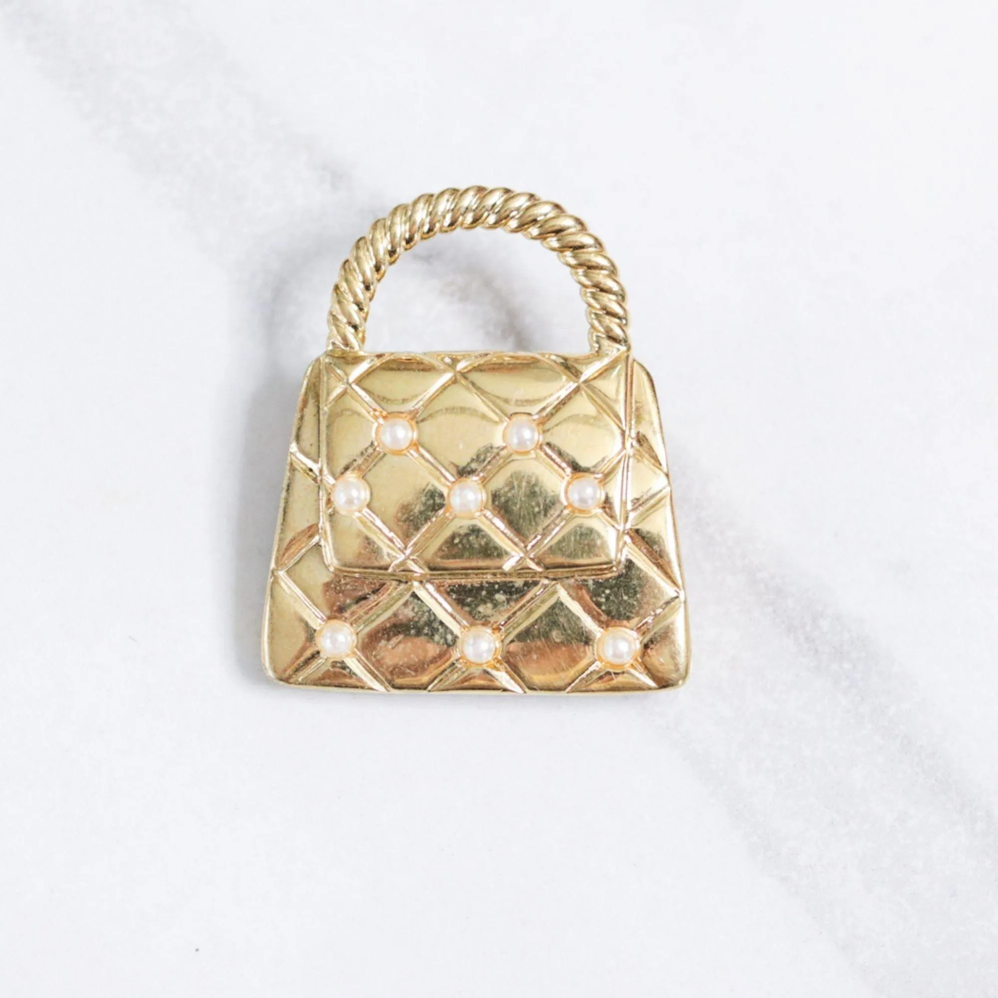 Vintage Marvella Gold Quilted Handbag Purse with Faux Pearls